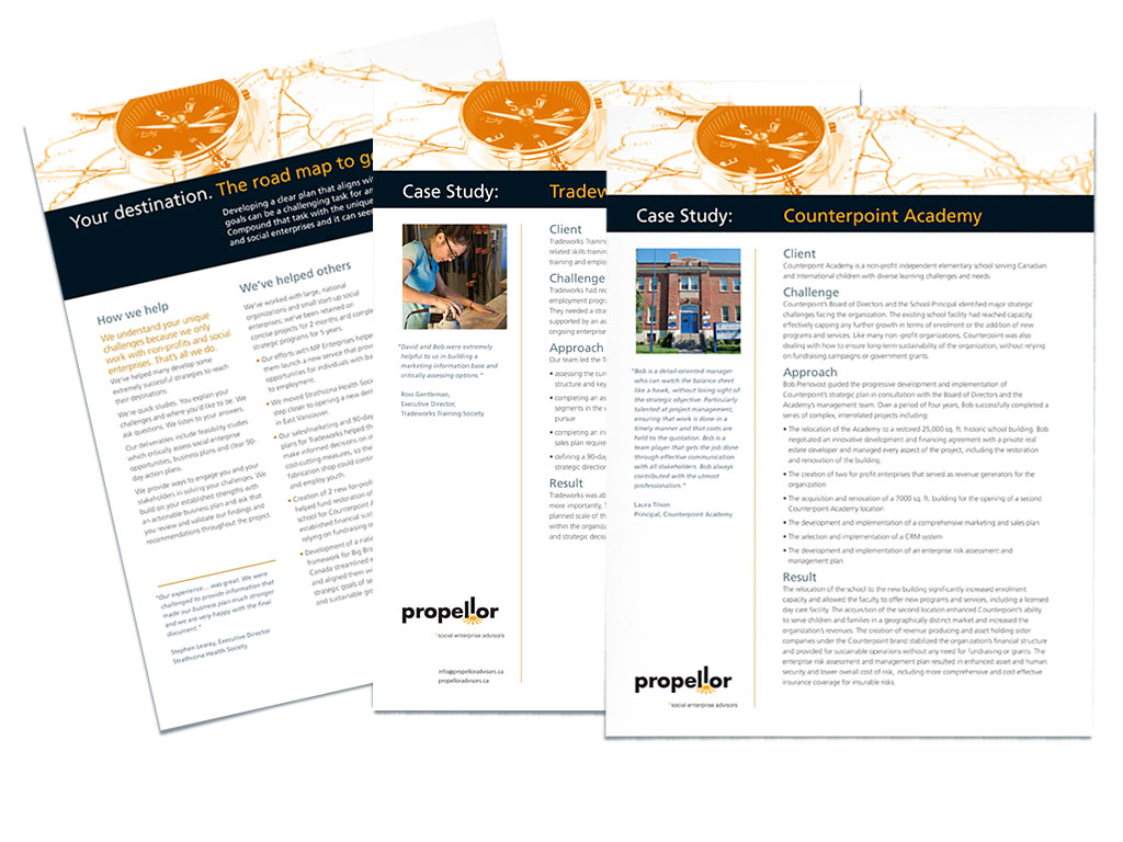 Marketing brochure and client profile sheets for Propellor Social Enterprise Advisors