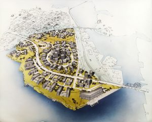 Arthur Erickson's concept plan for Songhees redevelopment in Victoria, BC, illustrated by Ian McSorley. Media: pen and India ink, airbrush watercolor