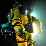 Newtsuit hard body one atmosphere deep diving suit. Product and corporate identity design by Ian McSorley